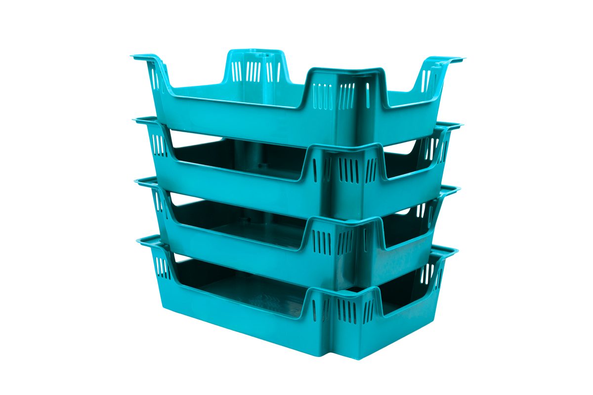 Cajas de plástico apilables color turquesa para industria alimentaria y agricultura, sistema retornable BIO-CRATES